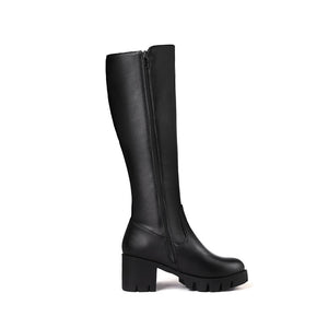 black Women's chunky heels platform knee high boots with buckle strap