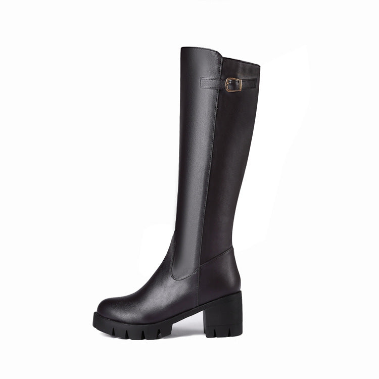 brown Women's chunky heels platform knee high boots with buckle strap