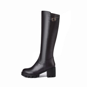 brown Women's chunky heels platform knee high boots with buckle strap
