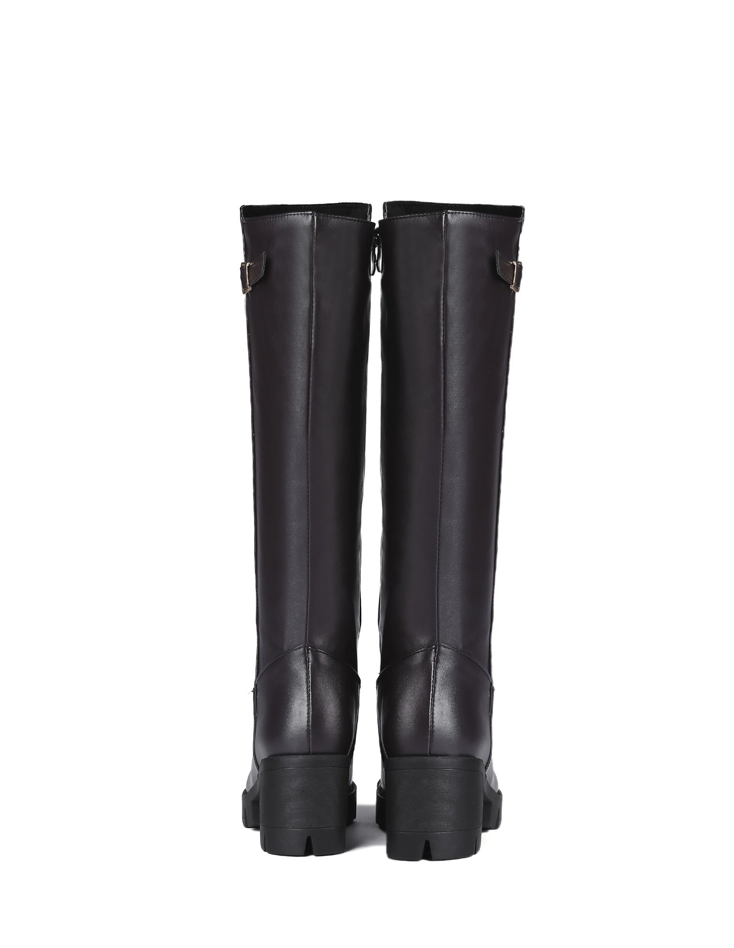 brown Women's chunky heels platform knee high boots with buckle strap