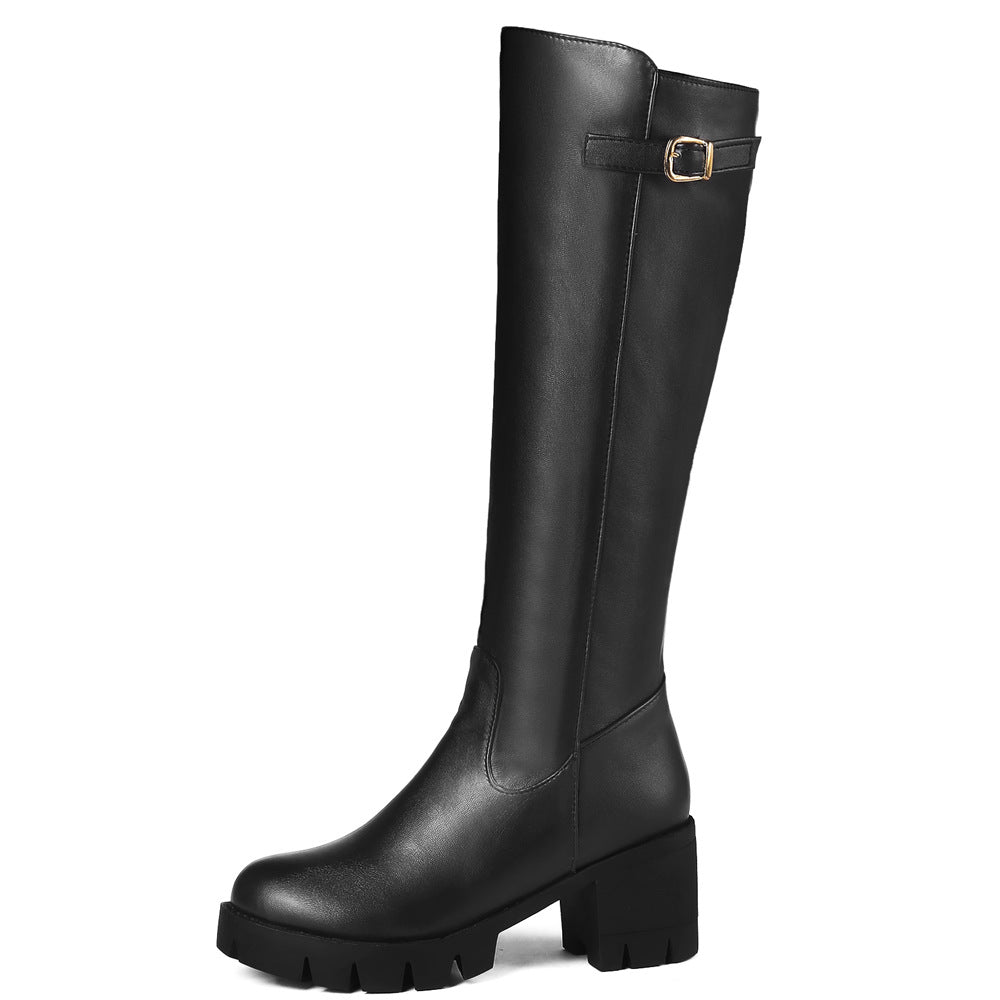Women's chunky heels platform knee high boots with buckle strap