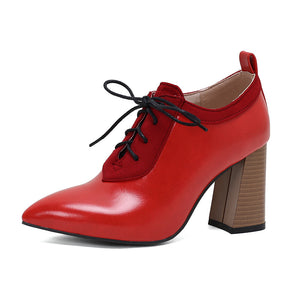 red Women's chunky high heels pointed toe oxfords pumps