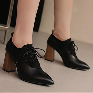 black Women's chunky high heels pointed toe oxfords pumps