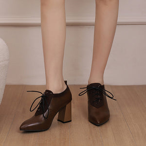 brown Women's chunky high heels pointed toe oxfords pumps
