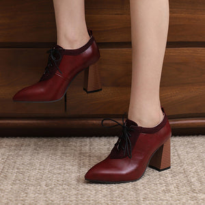burgundy Women's chunky high heels pointed toe oxfords pumps