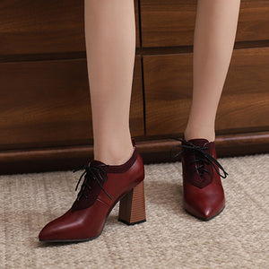 burgundy Women's chunky high heels pointed toe oxfords pumps