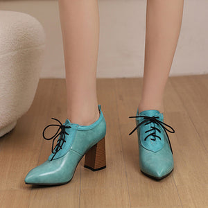 light green Women's chunky high heels pointed toe oxfords pumps