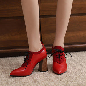 red Women's chunky high heels pointed toe oxfords pumps