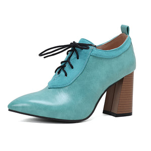 light green Women's chunky high heels pointed toe oxfords pumps