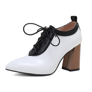 white Women's chunky high heels pointed toe oxfords pumps