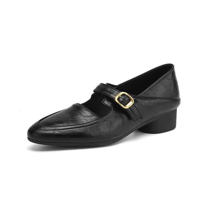 black Women's classic Mary Jane pumps with gold buckle
