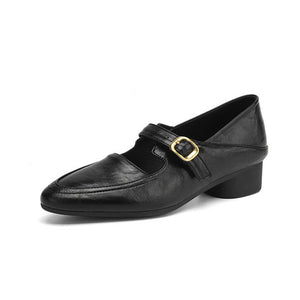 black Women's classic Mary Jane pumps with gold buckle