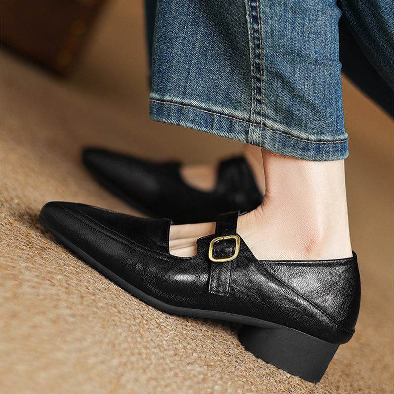 black Women's classic Mary Jane pumps with gold buckle