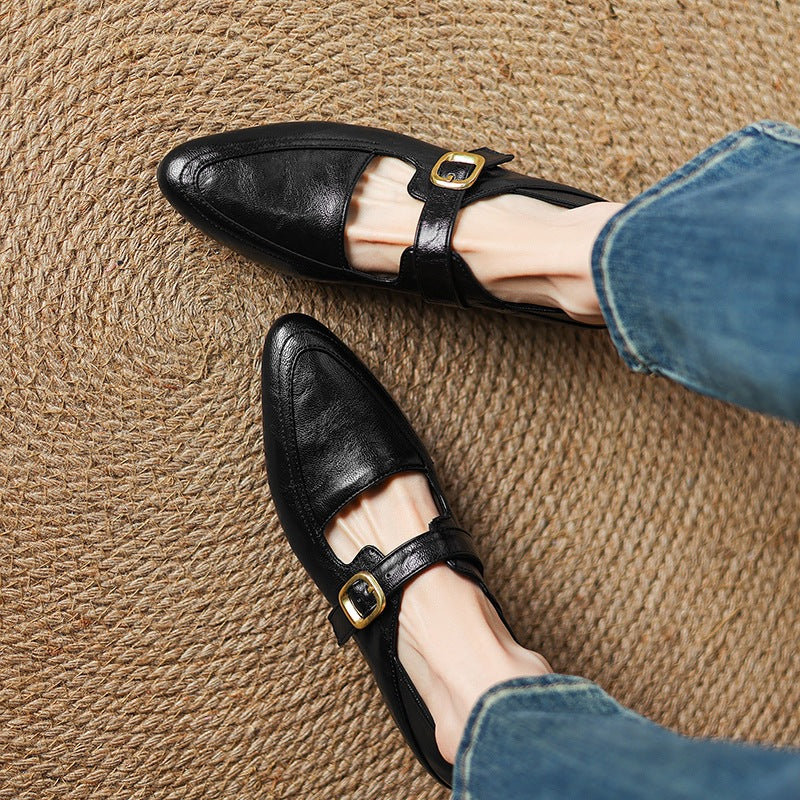 black Women's classic Mary Jane pumps with gold buckle