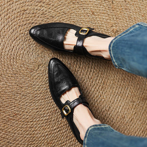 black Women's classic Mary Jane pumps with gold buckle