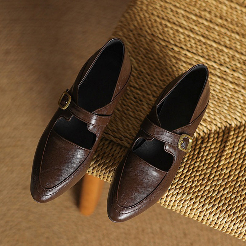 brown Women's classic Mary Jane pumps with gold buckle