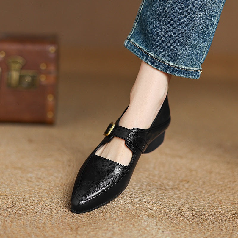 black Women's classic Mary Jane pumps with gold buckle
