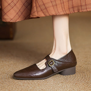 brown Women's classic Mary Jane pumps with gold buckle