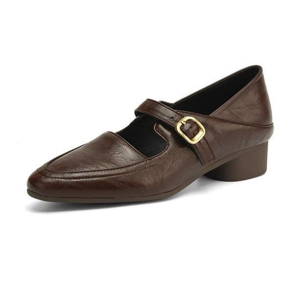 Women's classic Mary Jane pumps with gold buckle