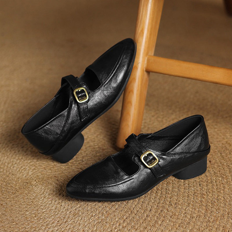 black Women's classic Mary Jane pumps with gold buckle