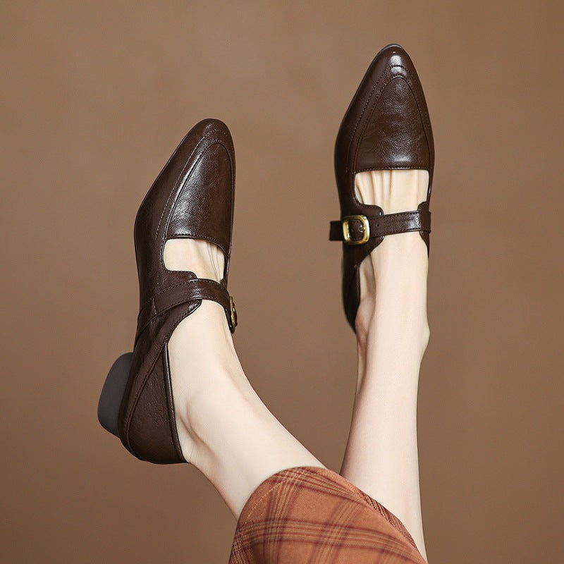 Women's classic Mary Jane pumps with gold buckle