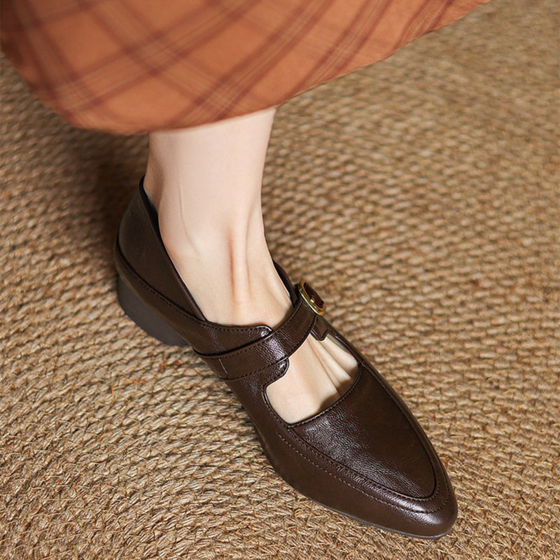 brown Women's classic Mary Jane pumps with gold buckle