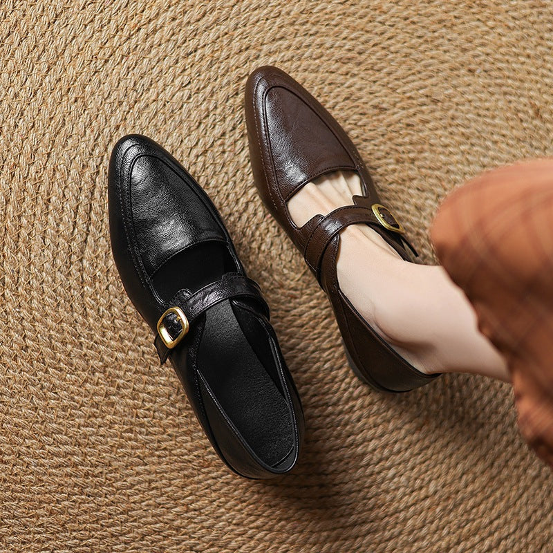 brown Women's classic Mary Jane pumps with gold buckle