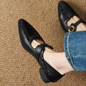 Women's classic Mary Jane pumps with gold buckle