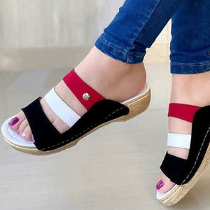 Women's color block 3 straps wide width wedge slides