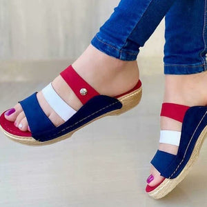 Women's color block 3 straps wide width wedge slides