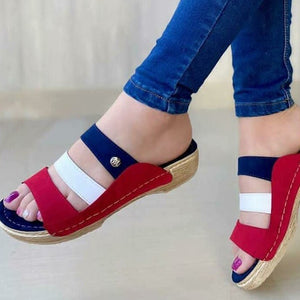 Women's color block 3 straps wide width wedge slides