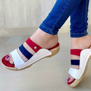 Women's color block 3 straps wide width wedge slides