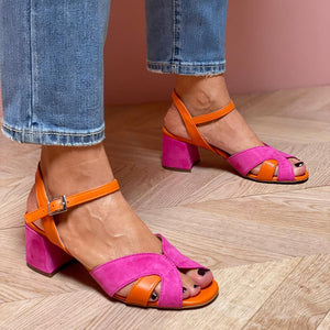 Women's colorblock peep toe block heels sandals