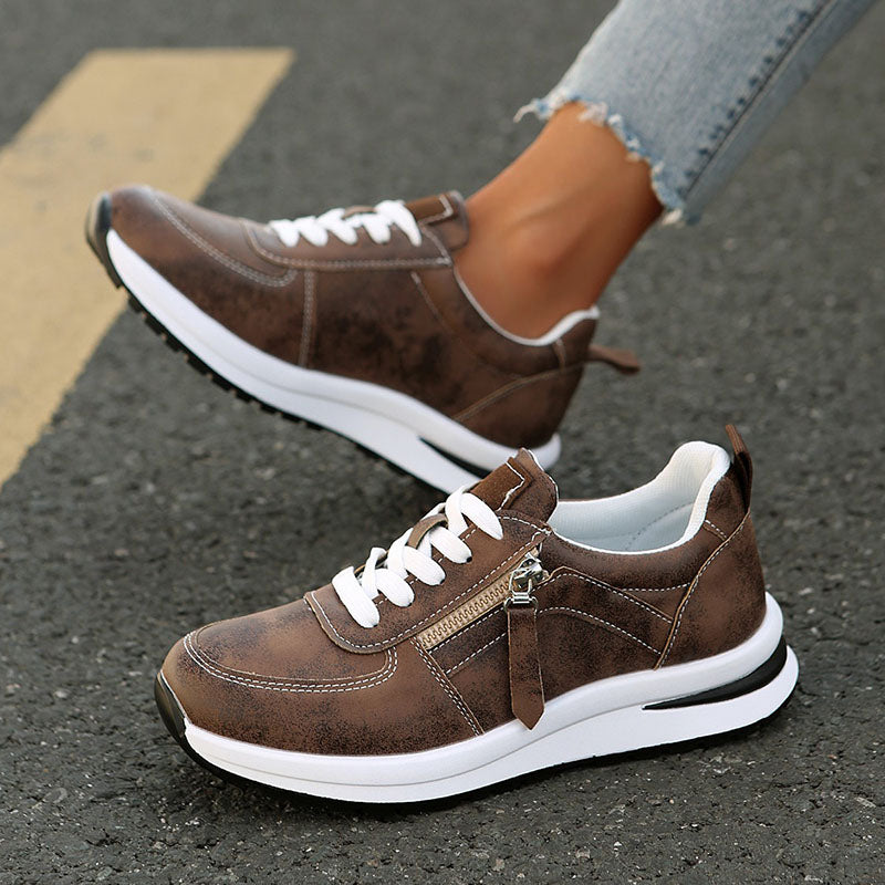Women's Low Wedge Sneakers – Side Zipper Detail & Contrast Stitching