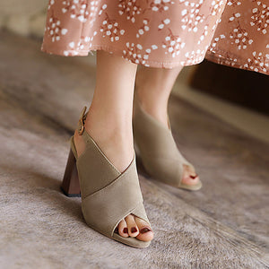 Women's criss cross strap peep toe block heels sandals