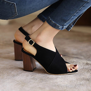 Women's criss cross strap peep toe block heels sandals