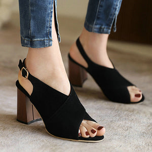 Women's criss cross strap peep toe block heels sandals