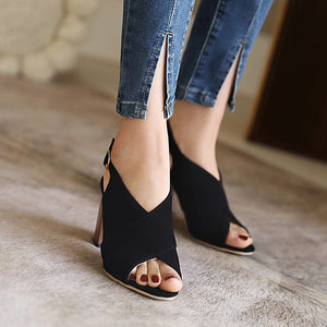 Women's criss cross strap peep toe block heels sandals