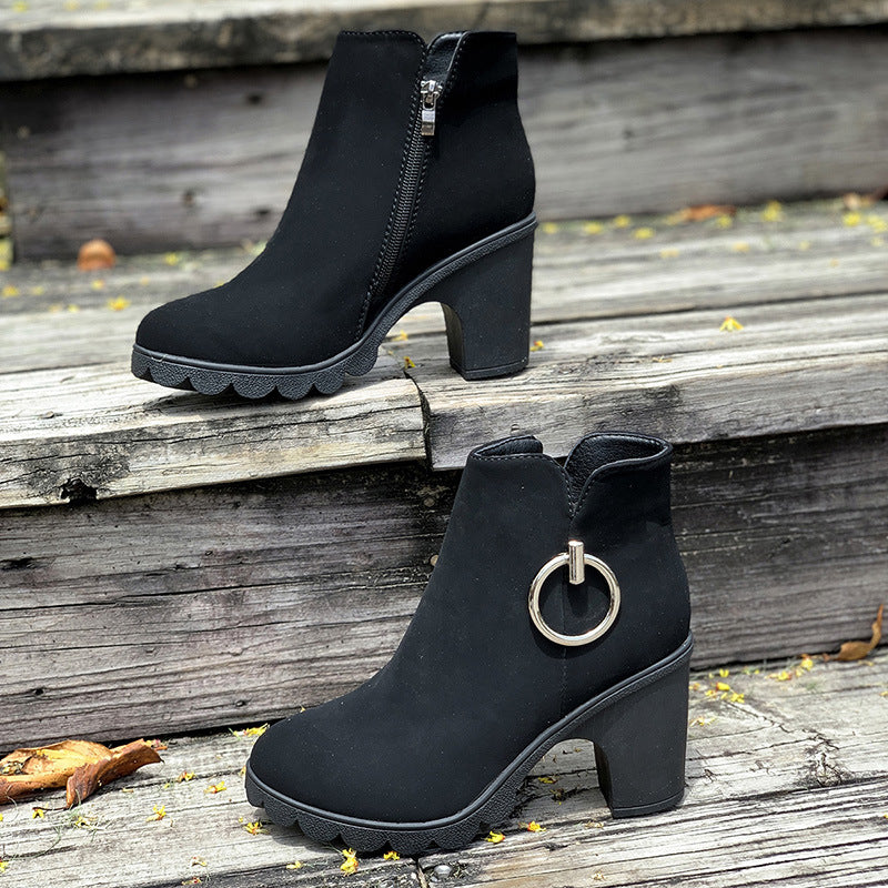 Women's cute black chunky heels booties side cut-out