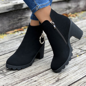 Women's cute black chunky heels booties side cut-out