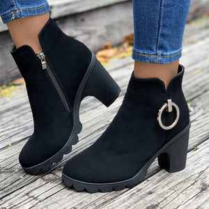 Women's cute black chunky heels booties side cut-out