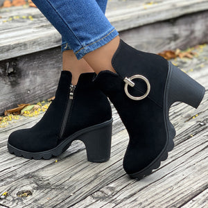 Women's cute black chunky heels booties side cut-out