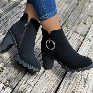 Women's cute black chunky heels booties side cut-out