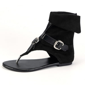 Women's denim ankle wrap thong sandals with back zipper