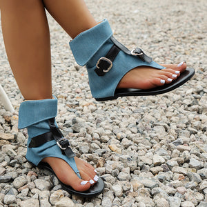 Women's denim ankle wrap thong sandals with back zipper