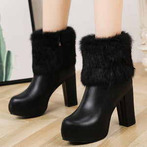black Women's elegant fuzzy cuff chunky heels booties