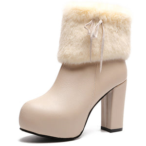 beige Women's elegant fuzzy cuff chunky heels booties