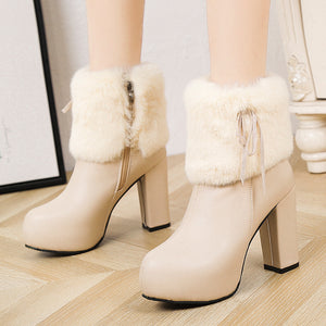 beige Women's elegant fuzzy cuff chunky heels booties