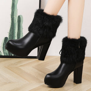 black Women's elegant fuzzy cuff chunky heels booties