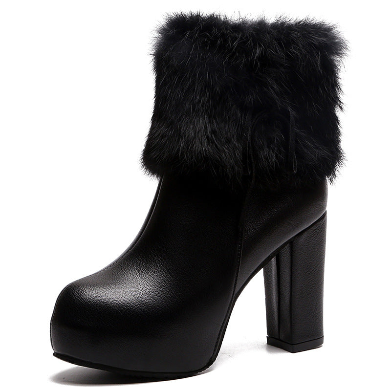 black Women's elegant fuzzy cuff chunky heels booties